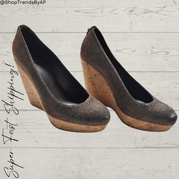 Stuart Weitzman Corkswoon Glitter Wedge Heels - Picture 1 of 11